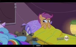 Size: 1024x640 | Tagged: safe, edit, edited screencap, screencap, rainbow dash, scootaloo, g4, sleepless in ponyville, caption, featureless crotch, hub logo, soon, teddy bear, youtube caption