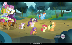 Size: 1024x640 | Tagged: safe, screencap, apple bloom, applejack, rainbow dash, rarity, scootaloo, sweetie belle, g4, sleepless in ponyville, camping outfit, cutie mark crusaders, hub logo, youtube caption