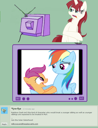 Size: 724x947 | Tagged: safe, rainbow dash, scootaloo, oc, oc:fausticorn, g4, deviantart, ew gay, exploitable meme, lauren faust, meme, scootalove, text, tv meme