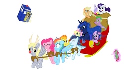 Size: 1574x888 | Tagged: safe, artist:rustedrabbit, applejack, derpy hooves, doctor whooves, fluttershy, pinkie pie, princess luna, rainbow dash, rarity, soarin', spike, spitfire, time turner, twilight sparkle, pegasus, pony, g4, antlers, christmas, crossover, eyes closed, female, holly, magic, mane seven, mane six, mare, present, sleigh, tardis