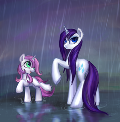 Size: 1858x1900 | Tagged: dead source, safe, artist:nyarmarr, rarity, sweetie belle, pony, unicorn, g4, duo, female, filly, mare, rain, wet, wet mane, wet mane rarity