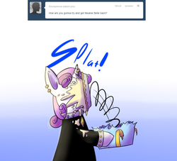 Size: 975x887 | Tagged: safe, artist:secretgoombaman12345, sweetie belle, ask chubby diamond, g4, ask, meanie belle, pie, pied, tumblr