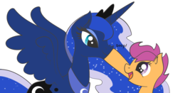 Size: 1786x939 | Tagged: dead source, safe, artist:thoroclock, princess luna, scootaloo, alicorn, pegasus, pony, g4, boop, cute, cutealoo, eye contact, female, filly, lidded eyes, looking at each other, mare, nose wrinkle, open mouth, simple background, smiling, spread wings, transparent background