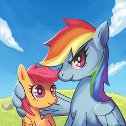 Size: 600x600 | Tagged: safe, artist:b0nbon, rainbow dash, scootaloo, g4