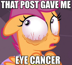 Size: 498x451 | Tagged: safe, scootaloo, pegasus, pony, g4, cancer, eye cancer, female, image macro, reaction image, solo, that post gave me cancer