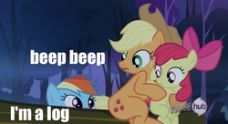 Size: 834x454 | Tagged: safe, apple bloom, applejack, rainbow dash, earth pony, pegasus, pony, g4, sleepless in ponyville, beep beep, female, filly, frown, hub logo, image macro, log, looking up, mare, meme, open mouth, sitting, worried