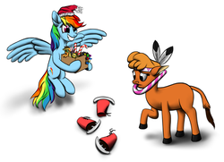 Size: 1200x871 | Tagged: safe, artist:furor1, applejack, little strongheart, rainbow dash, bison, buffalo, earth pony, pegasus, pony, g4, candy, candy cane, christmas, duo, food, hat, santa hat