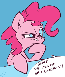 Size: 539x640 | Tagged: safe, artist:atryl, pinkie pie, g4, all caps, bust, english, hoof on chin, reaction image, solo, speech bubble, text