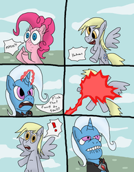 Size: 1700x2183 | Tagged: safe, artist:blackstar6969, derpy hooves, pinkie pie, trixie, earth pony, pegasus, pony, unicorn, g4, comic, female, mare, moral event horizon, no mouth, no nose, pure unfiltered evil, underp