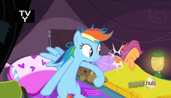 Size: 1074x614 | Tagged: safe, screencap, rainbow dash, scootaloo, pegasus, pony, g4, sleepless in ponyville, female, filly, foal, mare, out of context, pillow, scootabuse