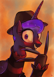 Size: 1800x2550 | Tagged: safe, artist:docwario, princess luna, alicorn, pony, g4, clothes, cosplay, costume, creepy, creepy grin, crossover, dream walker luna, ethereal mane, female, freddy krueger, grin, hat, knife, looking at you, mare, metal claws, nightmare on elm street, smiling, solo, starry mane