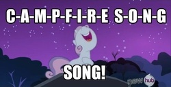 Size: 500x256 | Tagged: source needed, safe, edit, edited screencap, screencap, sweetie belle, pony, unicorn, g4, sleepless in ponyville, c-a-m-p-f-i-r-e s-o-n-g song, campfire song, caption, crossover, female, filly, foal, hub logo, image macro, solo, song, song in the comments, song reference, spongebob squarepants, text, the camping episode