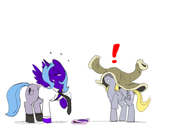 Size: 1024x768 | Tagged: safe, artist:trackpad mcderp, derpy hooves, princess luna, alicorn, pegasus, pony, g4, blushing, clothes, cosplay, cute, derpabetes, duo, duo female, exclamation point, female, lunabetes, mare