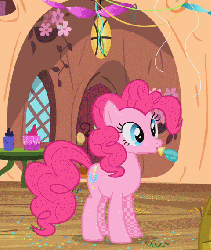 Size: 481x569 | Tagged: safe, edit, edited screencap, screencap, pinkie pie, earth pony, pony, g4, animated, d:, duh, female, frown, glare, image macro, mare, mouth hold, open mouth, party horn, reaction image, sitting, smiling, solo, underhoof, uvula