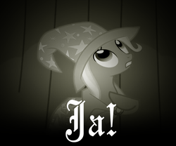 Size: 860x716 | Tagged: safe, trixie, pony, unicorn, g4, cape, clothes, female, german, hat, hoof on chest, looking up, mare, sepia, solo, teeth, text, trixie's cape, trixie's hat