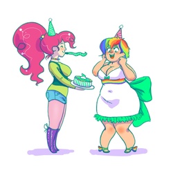 Size: 1000x1000 | Tagged: safe, artist:glasmond, artist:human-pinkie-pie, pinkie pie, oc, oc:moondust, human, g4, cake, fat, food, humanized, humanized oc