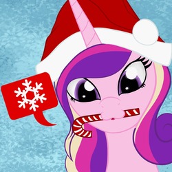 Size: 1280x1280 | Tagged: safe, artist:iraincloud, princess cadance, pony, g4, :3, candy, candy cane, christmas, female, food, hat, holiday, santa hat, solo