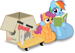 Size: 4000x2863 | Tagged: safe, artist:foxtail8000, daring do, rainbow dash, scootaloo, pegasus, pony, g4, .svg available, beanbag chair, book, box, cute, female, filly, foal, hug, mare, reading, scootalove, scooter, simple background, transparent background, vector