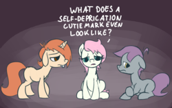 Size: 1280x811 | Tagged: safe, artist:derkrazykraut, oc, oc only, earth pony, pony, unicorn, bucktooth, depressed, floppy ears, gradient background, sad, self deprecation, speech