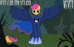 Size: 794x509 | Tagged: safe, princess luna, scootaloo, the headless horse, headless horse, pegasus, pony, g4, abuse, dead, decapitated, dream walker luna, image macro, nightmare fuel, scootabuse, severed head, wat