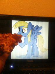 Size: 968x1296 | Tagged: safe, derpy hooves, pegasus, pony, g4, computer, eating, female, food, funny, irl, laptop computer, mare, meat, nose wrinkle, otaku date, pepperoni, pepperoni pizza, photo, pizza, puffy cheeks, spread wings, toshiba, waifu dinner