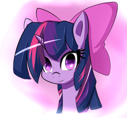 Size: 834x774 | Tagged: safe, artist:reikomuffin, twilight sparkle, pony, unicorn, g4, bow, bust, female, hair bow, mare, portrait, smiling, solo, wide eyes