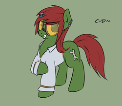 Size: 1280x1113 | Tagged: dead source, safe, artist:atrolux, oc, oc only, oc:kazlee, earth pony, pony, clothes, ear piercing, female, goggles, mare, piercing, shirt