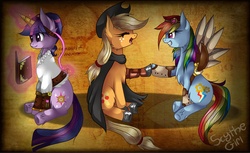 Size: 2500x1530 | Tagged: safe, artist:scythegirl, applejack, rainbow dash, twilight sparkle, cyborg, g4, amputee, chest fluff, steampunk