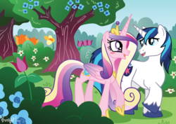 Size: 900x636 | Tagged: safe, artist:sakurakaijuu, princess cadance, shining armor, alicorn, pony, unicorn, g4, blushing, female, flower, garden, male, mare, ship:shiningcadance, shipping, stallion, straight, tree