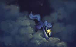 Size: 850x530 | Tagged: source needed, safe, artist:noel, princess luna, pony, g4, cloud, cloudy, female, filly, flying, mouth hold, night, solo, stars, tangible heavenly object, woona