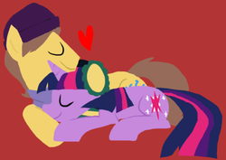 Size: 500x354 | Tagged: safe, artist:ghost, caramel, twilight sparkle, earth pony, pony, unicorn, g4, beanie, clothes, cuddling, cute, earmuffs, eyes closed, female, hat, heart, male, prone, red background, scarf, ship:caralight, shipping, simple background, sleeping, smiling, straight
