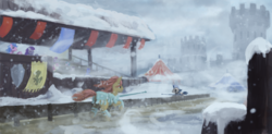 Size: 1427x700 | Tagged: safe, artist:cannibalus, castle, jousting, snow, snowfall