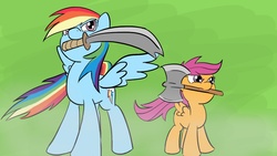 Size: 1280x720 | Tagged: safe, artist:kanashiipanda, rainbow dash, scootaloo, g4, axe, mouth hold, sword, weapon