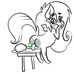 Size: 900x900 | Tagged: safe, fluttershy, pegasus, pony, g4, blush sticker, blushing, butt, butt blush, chicken leg, fart, female, food, looking at you, partial color, plot, solo