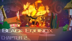 Size: 1280x720 | Tagged: safe, g4, black equinox, fanfic, fire, golden oaks library, library, night, ponyville, rain