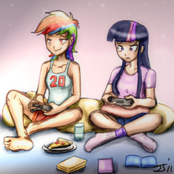 Size: 700x700 | Tagged: safe, artist:johnjoseco, artist:trelwin, rainbow dash, twilight sparkle, human, g4, barefoot, breasts, controller, delicious flat chest, feet, female, humanized, video game