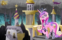 Size: 1500x964 | Tagged: safe, artist:honey-drop, princess cadance, pony, g4, canterlot, female, rain, solo