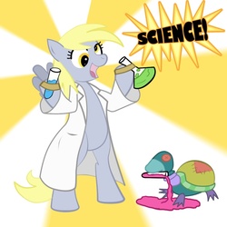 Size: 900x900 | Tagged: safe, artist:aoshistark, derpy hooves, pegasus, pony, turtle, g4, clothes, female, lab coat, mare, pet, science, toy turtle