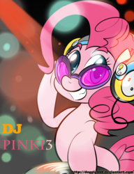 Size: 1000x1300 | Tagged: safe, artist:celine-artnsfw, dj pon-3, pinkie pie, vinyl scratch, earth pony, pony, g4, cute, diapinkes, disc, female, glasses, headphones, smiling, solo, turntable, vinyl disc