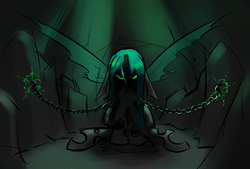 Size: 1748x1181 | Tagged: safe, artist:underpable, queen chrysalis, changeling, changeling queen, g4, bondage, broken horn, chains, female, horn, solo