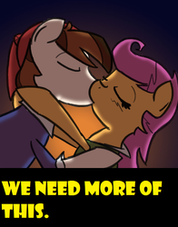 Size: 618x789 | Tagged: safe, artist:eliwood10, pipsqueak, scootaloo, pony, ask captain pipsqueak, g4, ask, female, kiss on the lips, kissing, male, meta, ship:scootasqueak, shipping, straight, tumblr, yellow words