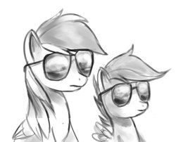 Size: 708x572 | Tagged: safe, artist:grissaecrim, rainbow dash, scootaloo, pegasus, pony, g4, female, filly, foal, mare, monochrome, simple background, sunglasses, white background