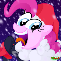 Size: 1000x1000 | Tagged: safe, artist:sunyup, pinkie pie, pony, g4, christmas, costume, female, hat, santa hat, snow, snowfall, solo