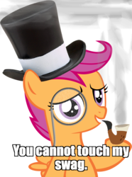 Size: 1065x1431 | Tagged: safe, scootaloo, pegasus, pony, g4, classy, female, filly, foal, hat, image macro, monocle, pipe, swag, top hat