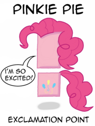 Size: 480x640 | Tagged: safe, pinkie pie, g4, cutie mark, excited, exclamation point, female, mane, objectification, simple background, solo, speech bubble, text, wat, white background