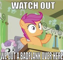 Size: 499x478 | Tagged: safe, scootaloo, sweetie belle, g4, image macro, reaction image