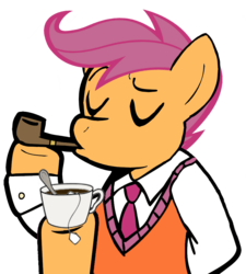 Size: 900x1000 | Tagged: artist needed, safe, scootaloo, semi-anthro, g4, classy, clothes, female, food, pipe, simple background, solo, tea, transparent background