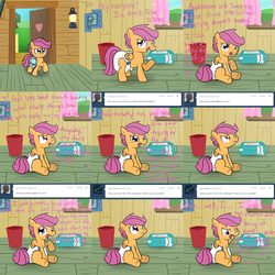 Size: 2700x2700 | Tagged: safe, artist:fillyscoots42, scootaloo, pegasus, pony, ask crinkleloo, g4, ask, comic, crinkleloo, diaper, diaper fetish, female, filly, incontinent, non-baby in diaper, sitting, tumblr