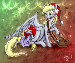 Size: 604x504 | Tagged: safe, derpy hooves, dinky hooves, pegasus, pony, g4, candy cane, equestria's best mother, female, hat, mare, santa hat