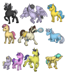 Size: 900x995 | Tagged: safe, ace point, amethyst star, candy mane, comet tail, dark moon, dinky hooves, graphite, lemon hearts, rainbow swoop, shoeshine, sparkler, spectrum, sunshower raindrops, earth pony, pegasus, pony, unicorn, g4, female, filly, male, mare, realistic, simple background, sisterly sparkler, sisters, stallion, transparent background